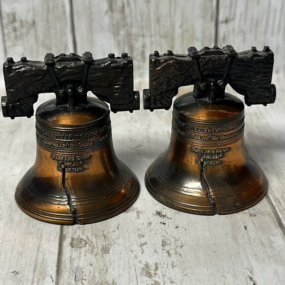 Vintage Replica Liberty Bell Cast Metal Brass Copper Colored Miniature set of 2